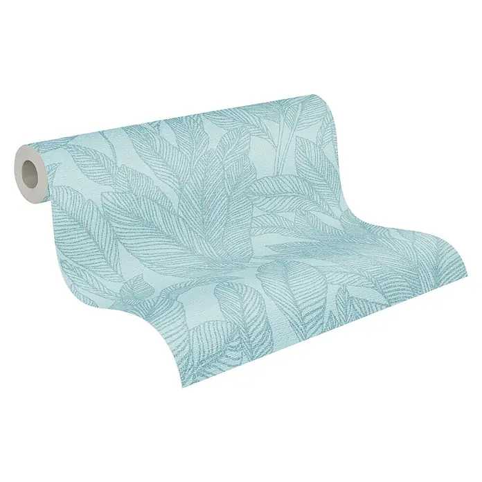 A.S. Création Cosmoliving by Cosmopolitan Vliestapete Blätter - Blau-Gold, Floral, 10,05 x 0,53 m - Eine Rolle gemusterte Tapete in einem sanften Blauton, die ein elegantes Blattdesign zeigt, ideal für moderne Innenräume.