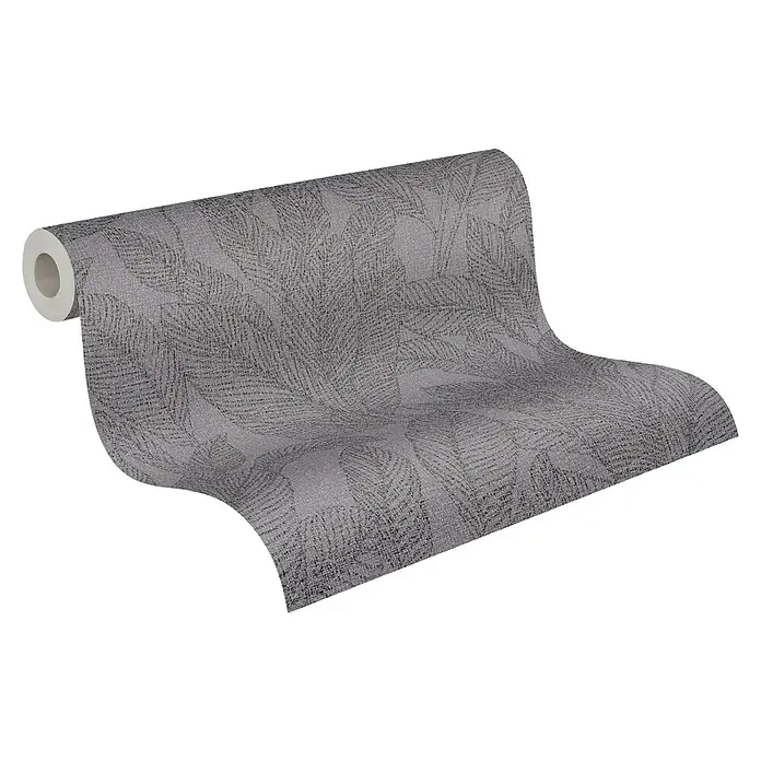 A.S. Création Cosmoliving by Cosmopolitan Vliestapete Blätter - Grau-Schwarz, Floral, 10,05 x 0,53 m - Nahaufnahme einer Tapetenrolle mit grauem Blattmuster. Perfekt für eine stilvolle Wandgestaltung im Wohnbereich.
