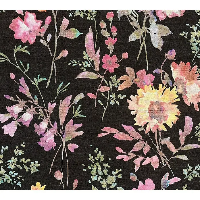 A.S. Création Cosmoliving by Cosmopolitan Vliestapete Blüten - Schwarz-Pink-Grün, Floral, 10,05 x 0,53 m - Florales Muster mit rosa Blüten auf schwarzem Grund. Ideal für Textilien oder Wanddekor.