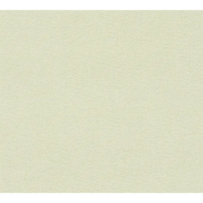 A.S. Création Hygge 3 Vliestapete - Gelbgrün, Uni, 10,05 x 0,53 m - Stoffmuster in hellem Beige mit feiner Textur, ideal für Möbelbezüge oder Vorhänge.