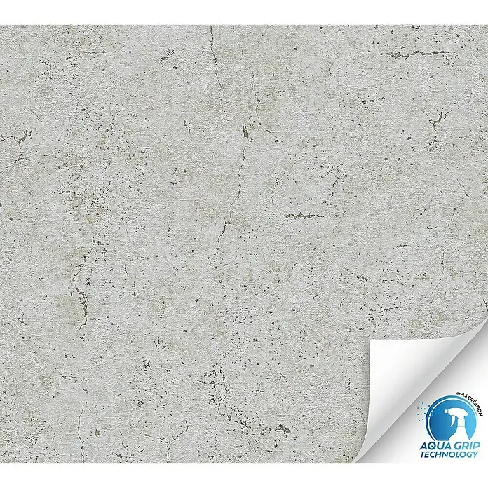 A.S. Création Designdrop Vliestapete Beton - Grau, Betonoptik, 10,05 x 0,53 m - Graue Beton-Tapete mit Aqua Grip Technologie. Abgerissene Ecke zeigt die Rückseite und das Logo. Perfekt für moderne Innenräume.
