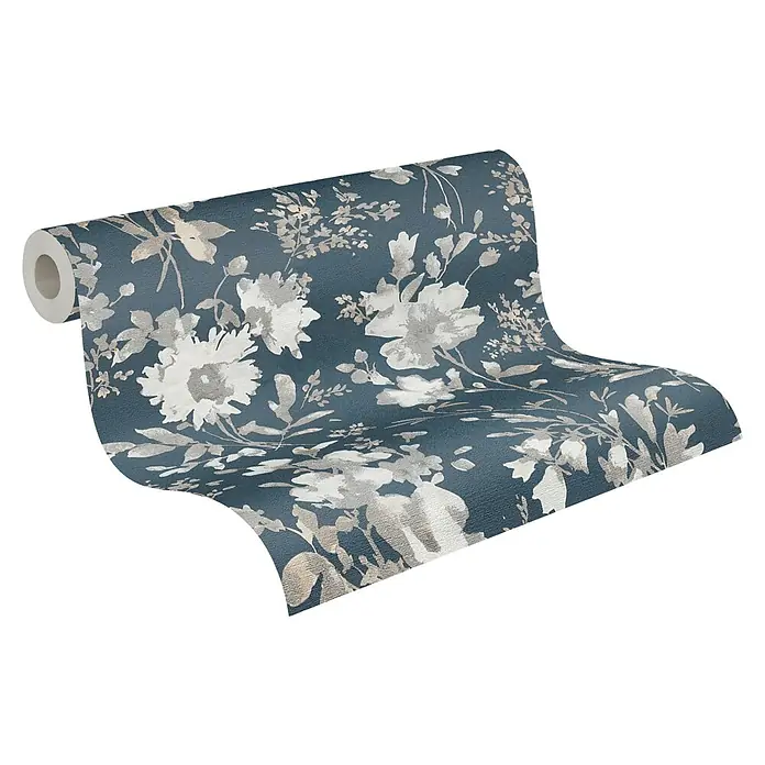 A.S. Création Cosmoliving by Cosmopolitan Vliestapete Blüten - Blau-Metallic-Weiß, Floral, 10,05 x 0,53 m - Eine Rolle dunkelblauer Tapete mit floralem Muster in Weiß- und Grautönen. Das florale Design verleiht jedem Raum Eleganz und Stil.