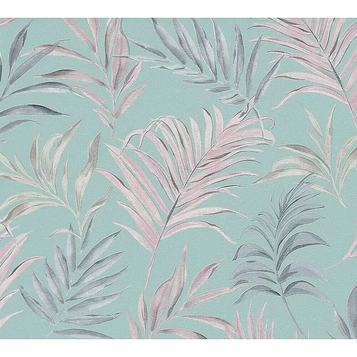 A.S. Création Cosmoliving by Cosmopolitan Vliestapete Ranken - Blau-Rosa-Grau, Floral, 10,05 x 0,53 m - Detailaufnahme einer hellblauen Tapete mit einem Muster aus rosafarbenen und grauen Palmblättern. Das elegante Design verleiht jedem Raum eine tropische Note.
