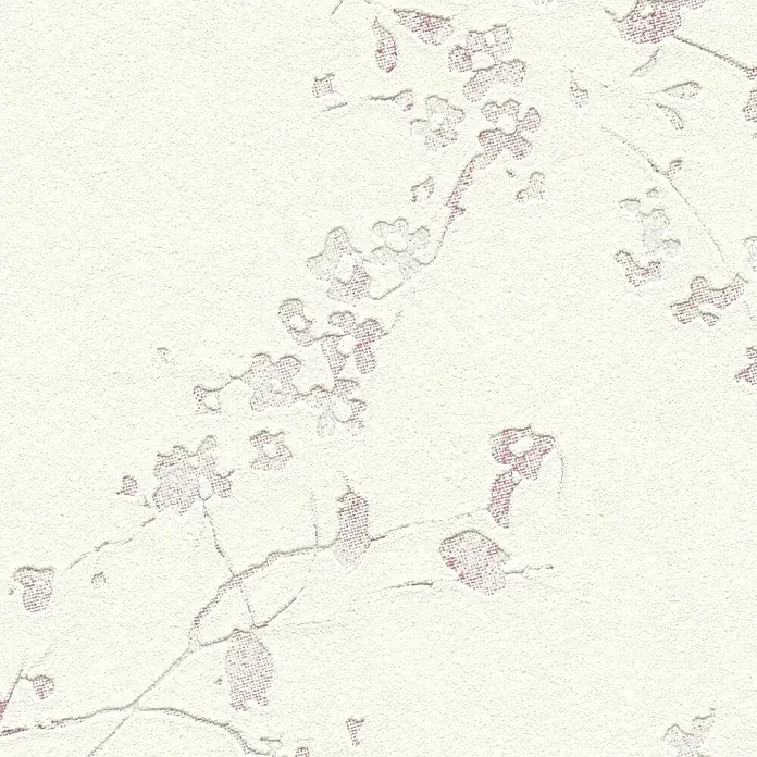 A.S. Création Designdrop Vliestapete Zarte Blätterranken - Weiß-Rosa, Floral, 10,05 x 0,53 m - Eine Nahaufnahme eines zarten, cremefarbenen Tapetenmusters mit stilisierten Blüten und Zweigen in einem subtilen, rosa Farbton, das eine elegante Textur zeigt.
