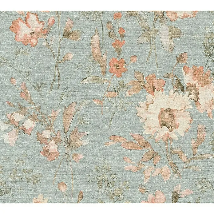 A.S. Création Cosmoliving by Cosmopolitan Vliestapete Blüten - Blau-Grau-Rosa, Floral, 10,05 x 0,53 m - Zartes florales Tapetenmuster mit rosa und pfirsichfarbenen Blüten auf einem sanften, strukturierten Hintergrund.
