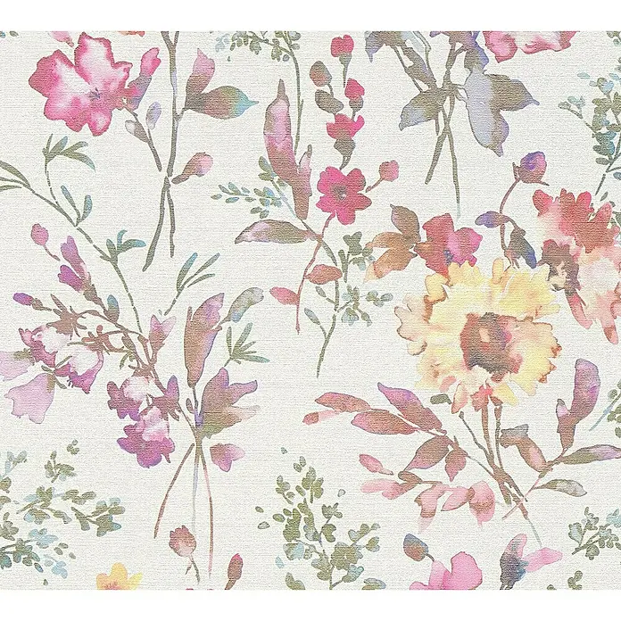 A.S. Création Cosmoliving by Cosmopolitan Vliestapete Blüten - Weiß-Metallic-Grün, Floral, 10,05 x 0,53 m - Elegantes florales Tapetenmuster mit zarten Blumen und Blättern in sanften Rosa-, Gelb- und Lilatönen, ideal für eine romantische Raumgestaltung.