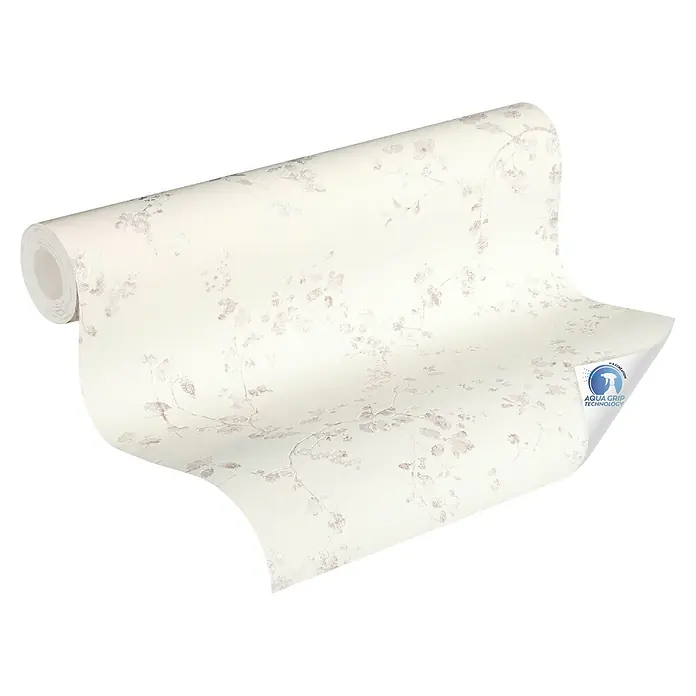 A.S. Création Designdrop Vliestapete Zarte Blätterranken - Weiß-Rosa, Floral, 10,05 x 0,53 m - Nahaufnahme einer Tapetenrolle mit einem dezenten Blumenmuster und der Aufschrift "Aqua Grip Technology".