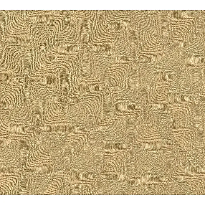 A.S. Création Hygge 3 Vliestapete Kreise - Braun-Gelb, Grafisch, 10,05 x 0,53 m - Beige Textiltapete mit einem kreisförmigen, spiralförmigen Muster, das eine beruhigende und natürliche Textur für Innenräume bietet.