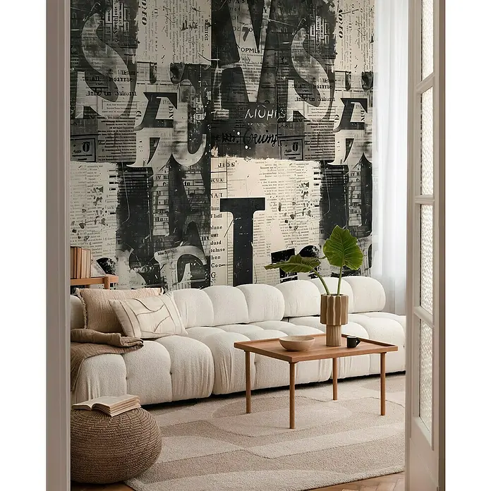 A.S. Création Cosmoliving by Cosmopolitan Fototapete Schrift - B x H: 159 x 280 cm, Vlies - Einladendes Wohnzimmer mit einem modernen, modularen Sofa, einem Holztisch und einem auffälligen Zeitungstapeten-Design.