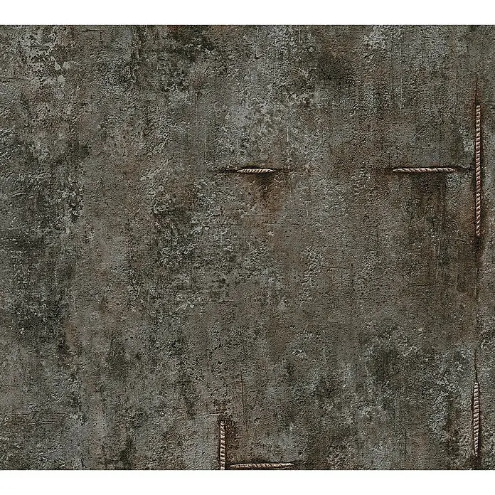 A.S. Création Cosmoliving by Cosmopolitan Vliestapete Beton - Grau-Braun-Schwarz, Betonoptik, 10,05 x 0,53 m - Nahaufnahme einer dunklen Betonwand mit rauer Textur und sichtbaren rostigen Verstärkungen, ideal als industrieller Hintergrund.