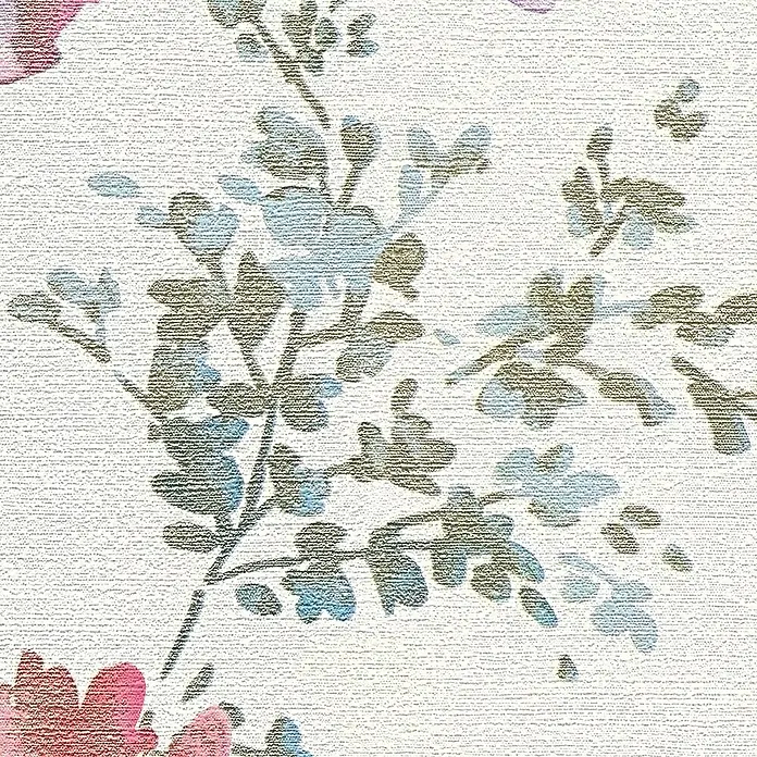 A.S. Création Cosmoliving by Cosmopolitan Vliestapete Blüten - Weiß-Metallic-Grün, Floral, 10,05 x 0,53 m - Detailansicht eines floralen Textildesigns mit stilisierten Blumen und Blättern in zarten Blau- und Grüntönen auf hellem Grund.