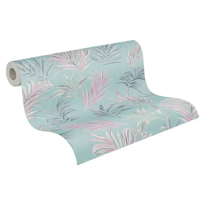 A.S. Création Cosmoliving by Cosmopolitan Vliestapete Ranken - Blau-Rosa-Grau, Floral, 10,05 x 0,53 m - Rolle mintgrüner Tapete mit tropischem Blättermuster in Rosa- und Grautönen, ideal für eine frische und stilvolle Wandgestaltung.