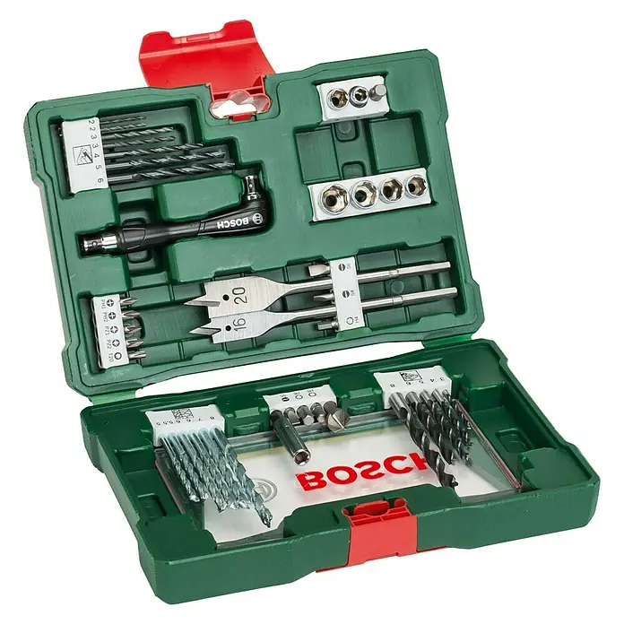 Bosch Bohrer-Set - 41 Stk. - Das Bild zeigt einen grünen Bosch Werkzeugkoffer, der mit verschiedenen Bohrern und Bits gefüllt ist. Der Koffer ist geöffnet und zeigt den Inhalt.