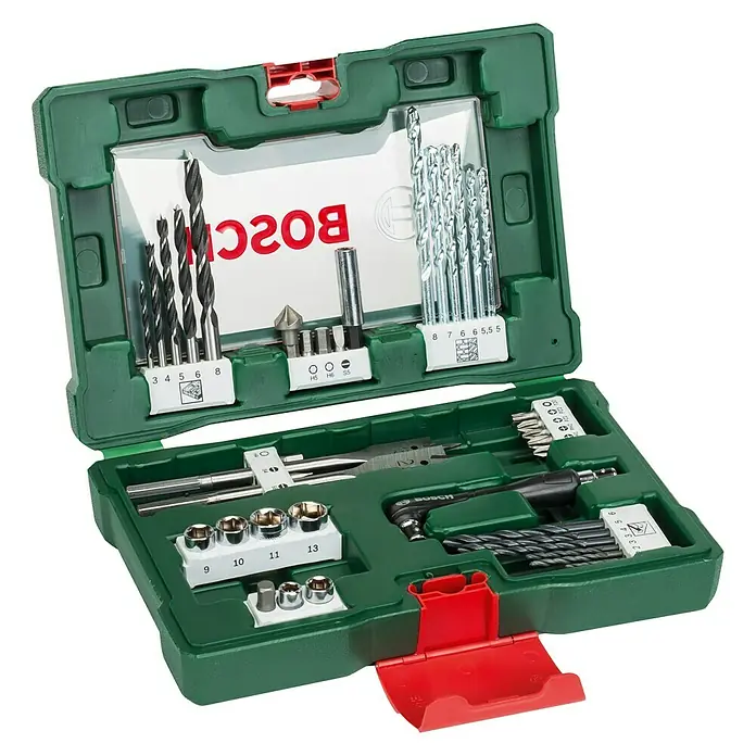 Bosch Bohrer-Set - 41 Stk. - Das Bild zeigt ein grünes Bosch-Bohrer- und Bit-Set in einer geöffneten Box, ideal für Heimwerkerarbeiten und Reparaturen.