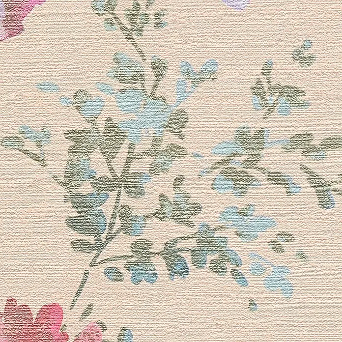 A.S. Création Cosmoliving by Cosmopolitan Vliestapete Blüten - Rosa-Metallic-Grün, Floral, 10,05 x 0,53 m - Floral gemustertes Textil mit zarten Ästen und Blüten in Blau- und Rosatönen. Die feine Textur verleiht dem Stoff eine elegante Note.