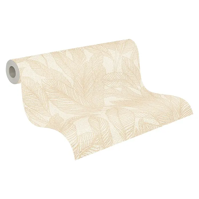 A.S. Création Cosmoliving by Cosmopolitan Vliestapete Blättergrafik - Beige-Creme-Braun, Floral, 10,05 x 0,53 m - Ein Detailbild einer Rolle beiger, strukturierter Tapete mit einem eleganten, gefiederten Muster. Perfekt für stilvolle Innenräume.