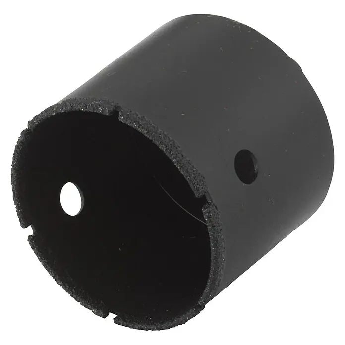 Wolfcraft Diamant-Lochsäge Ceramic Winkelschleifer - Durchmesser Bohrloch: 60 mm, Schnitttiefe: 45 mm, M14 Gewinde - Nahaufnahme einer schwarzen Bohrkrone mit Diamantbeschichtung für saubere, präzise Löcher in harten Materialien wie Keramik oder Fliesen.