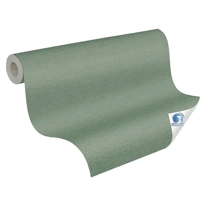 A.S. Création Designdrop Vliestapete - Grün, Uni, 10,05 x 0,53 m - Nahaufnahme einer Rolle mintgrüner "Aqua Grip Technology"-Tapete mit dezenter Textur auf schwarzem Hintergrund.