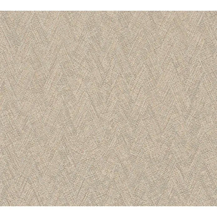 A.S. Création Hygge 3 Vliestapete - Braun, Uni, 10,05 x 0,53 m - Beige-farbenes Stoffmuster mit einem sich wiederholenden Zickzack-Design, das eine warme und einladende Textur zeigt.
