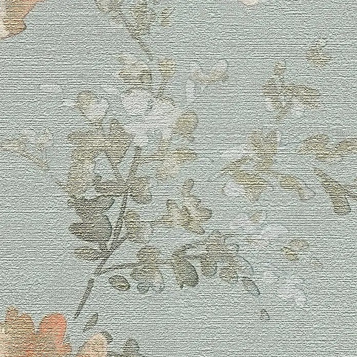 A.S. Création Cosmoliving by Cosmopolitan Vliestapete Blüten - Blau-Grau-Rosa, Floral, 10,05 x 0,53 m - Nahaufnahme einer Tapete mit stilisierten Blüten, die eine zarte und ruhige Atmosphäre erzeugt.\n
