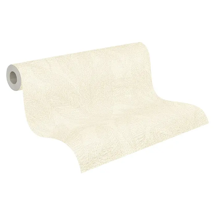 A.S. Création Cosmoliving by Cosmopolitan Vliestapete Blätter - Creme-Grau-Grün, Floral, 10,05 x 0,53 m - Nahaufnahme einer Rolle Leinentapete mit einer unregelmäßigen Textur in einer sanften, neutralen Farbpalette für eine natürliche Raumgestaltung.