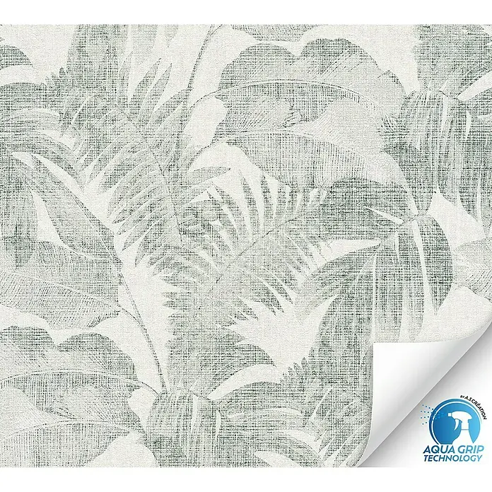 A.S. Création Designdrop Vliestapete Vintage-Farnblätter - Grün-Weiß, Floral, 10,05 x 0,53 m - Nahaufnahme einer grünen, texturierten Tapete mit einem Muster aus tropischen Blättern für ein natürliches Ambiente.