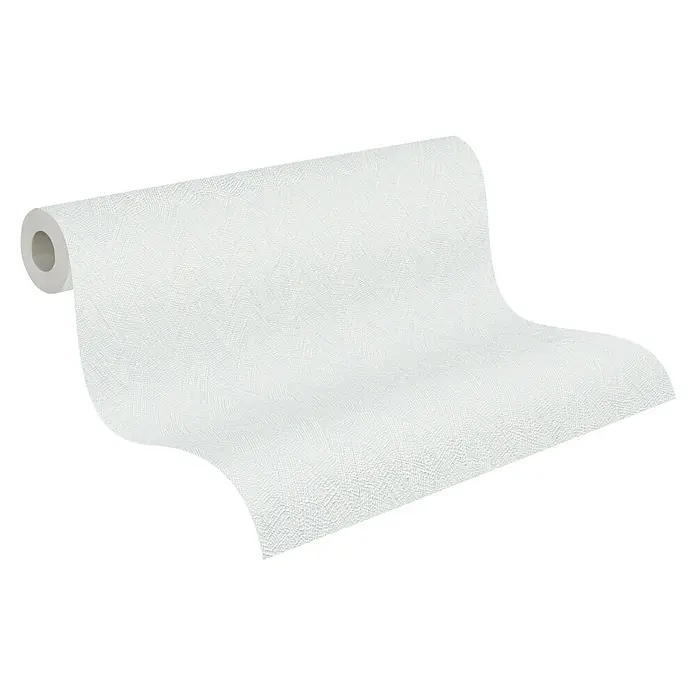 A.S. Création Hygge 3 Vliestapete - Hellblau, Uni, 10,05 x 0,53 m - Nahaufnahme einer Rolle weißer strukturierten Tapete. Elegante Wandgestaltung für ein stilvolles Zuhause mit feiner Oberflächenprägung.