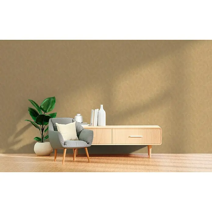 A.S. Création Hygge 3 Vliestapete Kreise - Braun-Gelb, Grafisch, 10,05 x 0,53 m - Elegantes Wohnzimmer-Interieur mit einem hellgrauen Sessel, einer grünen Pflanze und einem hellen Holzschrank.