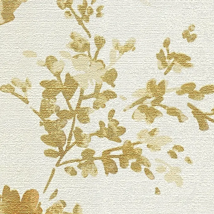 A.S. Création Cosmoliving by Cosmopolitan Vliestapete Blüten - Gold-Weiß-Beige, Floral, 10,05 x 0,53 m - Nahaufnahme einer strukturierten Tapete mit einem zarten, floralen Muster in Goldtönen, das eine elegante und warme Atmosphäre schafft.
