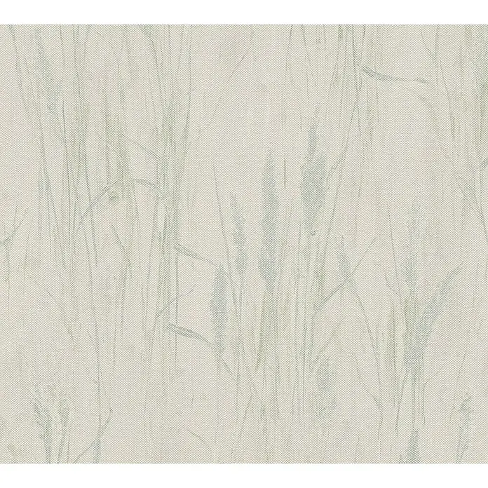 A.S. Création Hygge 3 Vliestapete Floral - Creme-Blau-Grün, Floral, 10,05 x 0,53 m - Zartes Gewebemuster mit abstrakten Gräsern in sanften Grün- und Beigetönen, ideal für stilvolle Heimtextilien und Dekorationen.