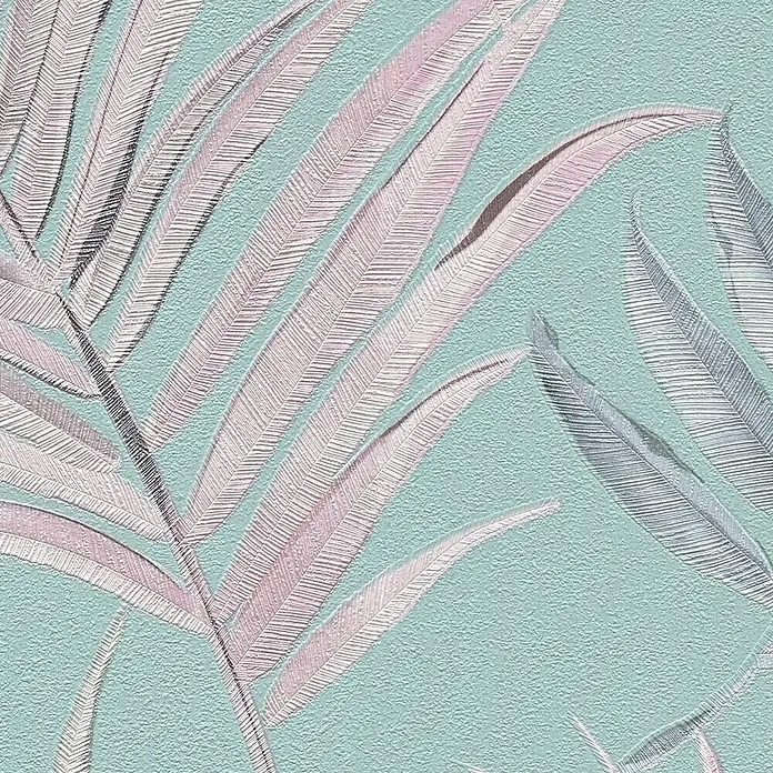 A.S. Création Cosmoliving by Cosmopolitan Vliestapete Ranken - Blau-Rosa-Grau, Floral, 10,05 x 0,53 m - Ein detailreiches Bild zeigt ein Muster aus stilisierten rosa und grauen Blättern auf einem hellblauen, texturierten Hintergrund.