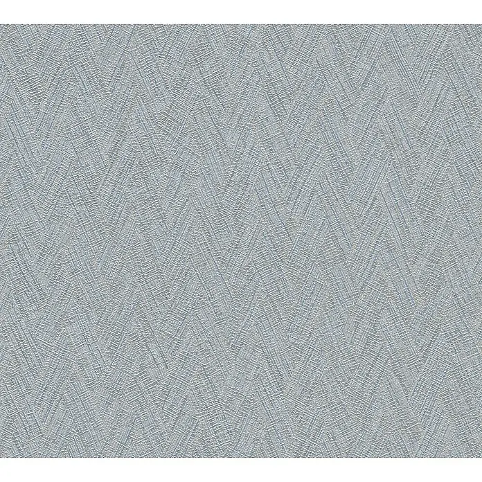 A.S. Création Hygge 3 Vliestapete - Grau-Blau, Uni, 10,05 x 0,53 m - Detailaufnahme einer strukturierten, silbergrauen Tapete im Zickzackmuster, die eine elegante und moderne Wandgestaltung ermöglicht.