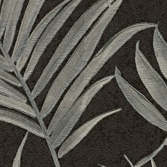 A.S. Création Cosmoliving by Cosmopolitan Vliestapete Ranken - Schwarz-Grau-Blau, Floral, 10,05 x 0,53 m - Nahaufnahme eines Wandbildes mit stilisierten, silbernen Blättern auf dunkelbraunem Hintergrund, das eine elegante und natürliche Atmosphäre schafft.