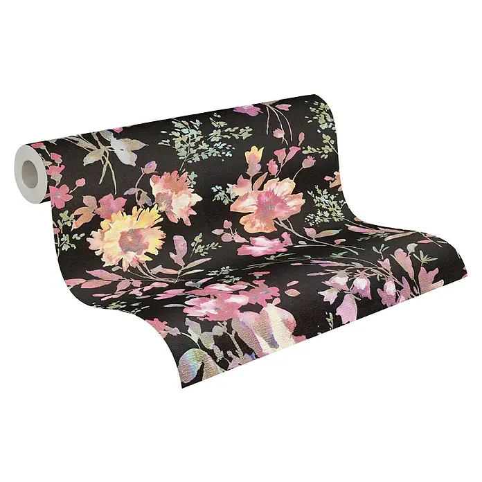 A.S. Création Cosmoliving by Cosmopolitan Vliestapete Blüten - Schwarz-Pink-Grün, Floral, 10,05 x 0,53 m - Rolle dunkler Tapete mit floralem Muster.