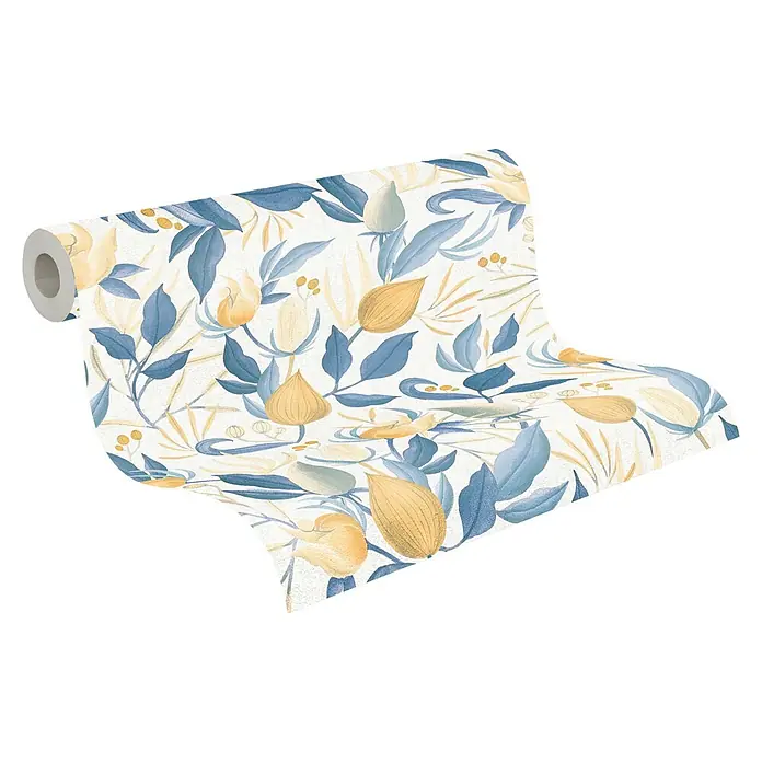 A.S. Création Cosmoliving by Cosmopolitan Vliestapete Blüte - Weiß-Blau-Gelb, Floral, 10,05 x 0,53 m - Nahaufnahme einer Rolle stilvoller Blumentapete mit einem zarten Design aus blauen Blättern und gelben Blüten auf einem weißen Hintergrund.