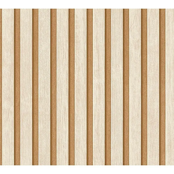 A.S. Création Hygge 3 Vliestapete Paneele - Creme-Braun, Holzoptik, 10,05 x 0,53 m - Nahtlose Darstellung einer strukturierten Wandverkleidung mit abwechselnden Holzpaneelen und Stoffbahnen in Beige- und Brauntönen.