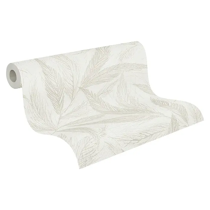 A.S. Création Hygge 3 Vliestapete Blätter - Beige-Creme-Grau, Floral, 10,05 x 0,53 m - Eine Rolle elegante Tapete mit einem zarten Federdesign in sanften Neutraltönen, perfekt für die stilvolle Wandgestaltung in jedem Raum.