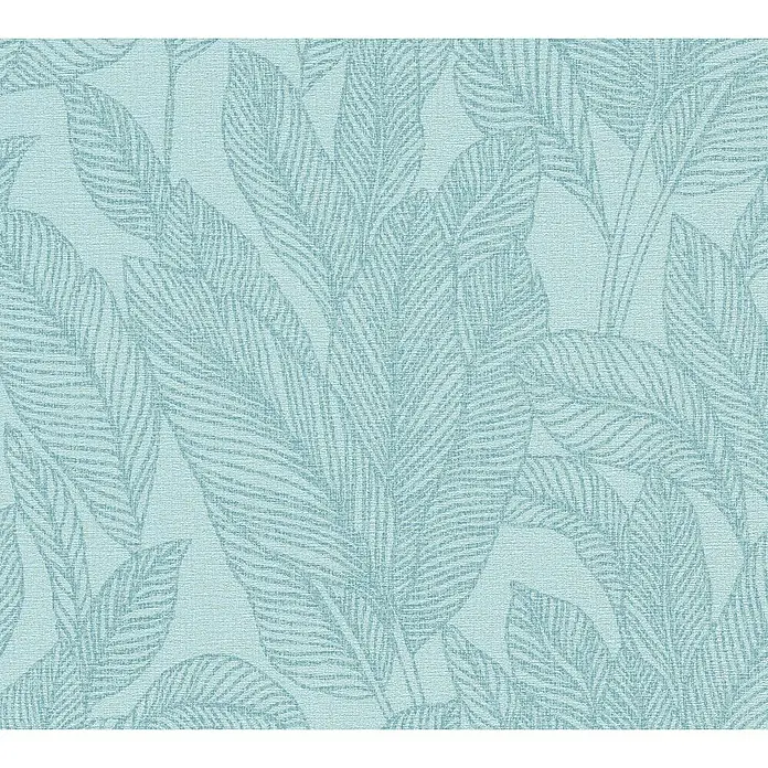 A.S. Création Cosmoliving by Cosmopolitan Vliestapete Blätter - Blau-Gold, Floral, 10,05 x 0,53 m - Das Bild zeigt ein dichtes Muster aus stilisierten, hellblauen Blättern auf einem strukturierten, pastellfarbenen Hintergrund.