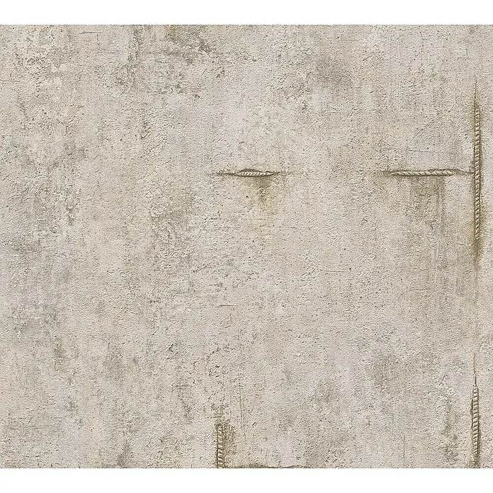 A.S. Création Cosmoliving by Cosmopolitan Vliestapete Beton - Grau-Braun-Weiß, Betonoptik, 10,05 x 0,53 m - Nahaufnahme einer Betonwand mit Abdrücken von Bewehrungsstäben. Die Textur der Wand ist rau und weist Gebrauchsspuren auf.