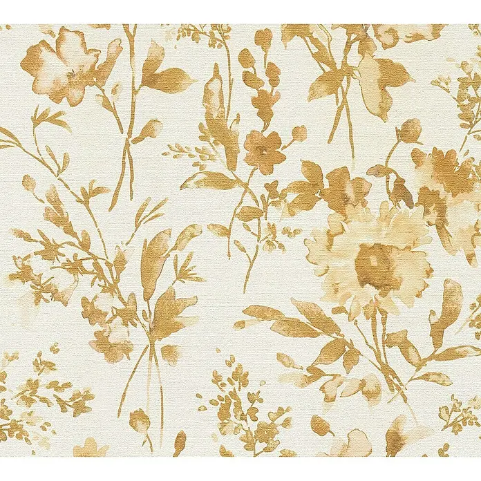 A.S. Création Cosmoliving by Cosmopolitan Vliestapete Blüten - Gold-Weiß-Beige, Floral, 10,05 x 0,53 m - Elegantes Tapetenmuster mit goldenen Blumen und Blättern auf beigem Grund. Ein dekorativer Hintergrund für stilvolle Innenräume.
