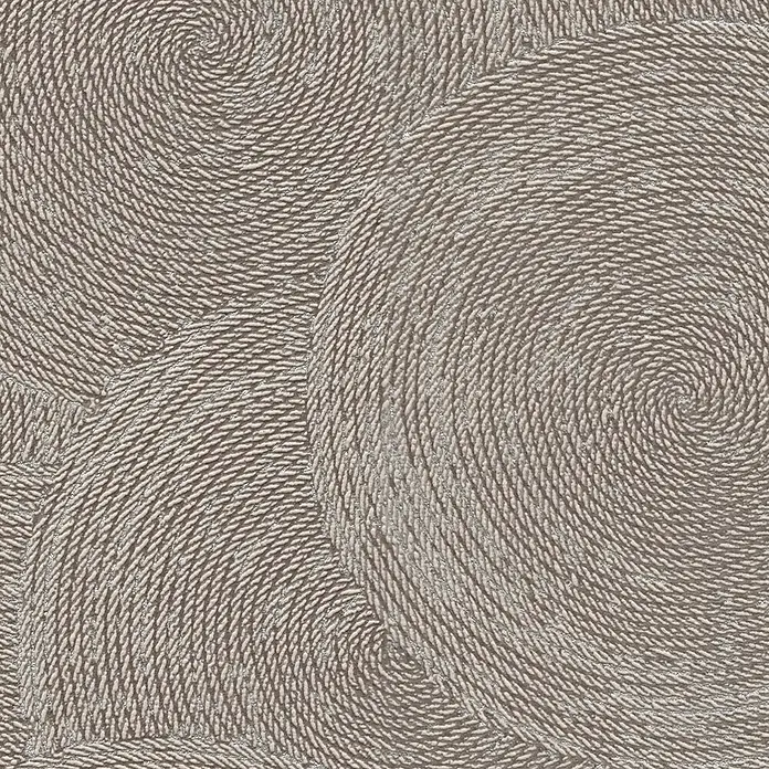 A.S. Création Hygge 3 Vliestapete Kreise - Braun-Beige-Grau, Grafisch, 10,05 x 0,53 m - Nahaufnahme eines gewebten Teppichs mit einem spiralförmigen Design, das eine taktile Textur und ein subtiles Muster zeigt.
