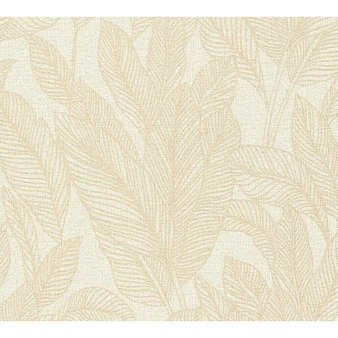 A.S. Création Cosmoliving by Cosmopolitan Vliestapete Blättergrafik - Beige-Creme-Braun, Floral, 10,05 x 0,53 m - Nahaufnahme eines stilvollen Tapetenmusters mit zarten, beigefarbenen Federblättern auf einem strukturierten Hintergrund.