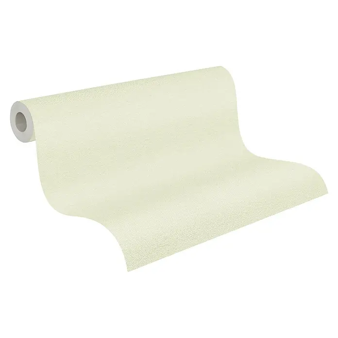 A.S. Création Hygge 3 Vliestapete - Gelbgrün, Uni, 10,05 x 0,53 m - Eine Rolle hellbeiger Tapete mit leichter Textur, die ein sauberes und minimalistisches Design für die Wanddekoration bietet.