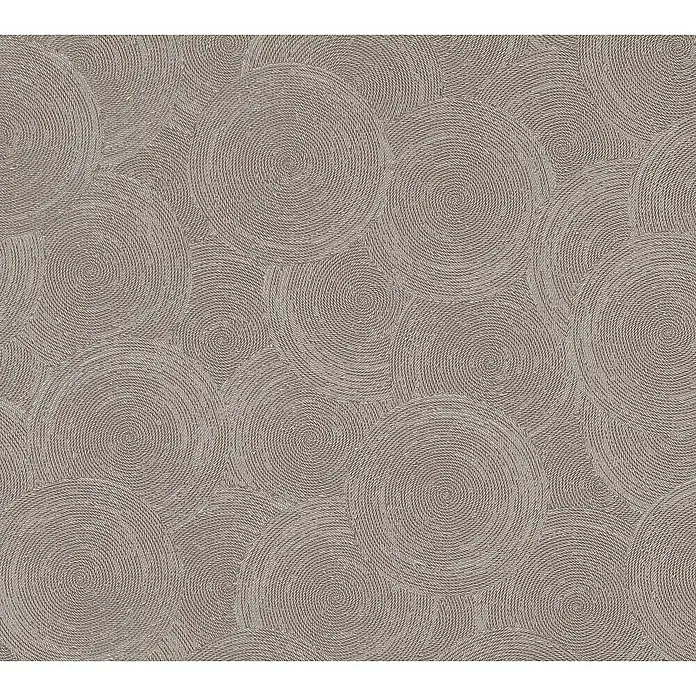 A.S. Création Hygge 3 Vliestapete Kreise - Braun-Beige-Grau, Grafisch, 10,05 x 0,53 m - Ein beigefarbener Stoff mit einem spiralförmigen Kreismuster, ideal für stilvolle Polsterungen und Heimtextilien.