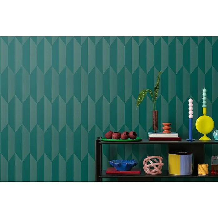 A.S. Création Cosmoliving by Cosmopolitan Vliestapete 3D-Grafik - Blau-Metallic, Grafisch, 10,05 x 0,53 m - Wandgestaltung mit geometrischem Muster und Regal mit dekorativen Objekten. Elegante Raumgestaltung mit modernem Touch.