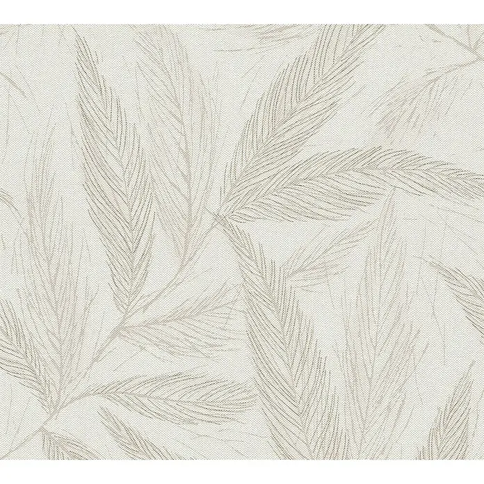 A.S. Création Hygge 3 Vliestapete Blätter - Beige-Creme-Grau, Floral, 10,05 x 0,53 m - Ein helles Textil mit einem sanften, beigen Blättermuster, das eine ruhige und natürliche Atmosphäre schafft. Perfekt für dezente Dekorationen.
