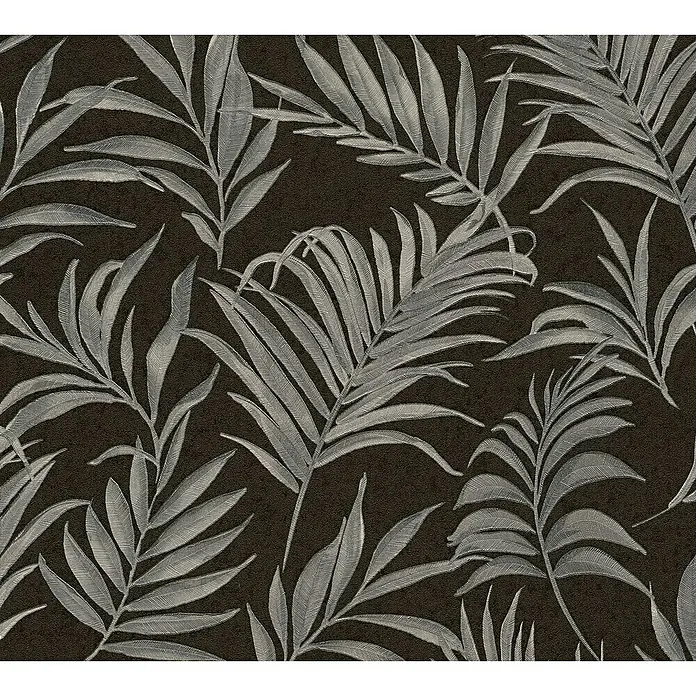 A.S. Création Cosmoliving by Cosmopolitan Vliestapete Ranken - Schwarz-Grau-Blau, Floral, 10,05 x 0,53 m - Tapete mit einem tropischen Blättermuster in Silber auf einem dunklen, strukturierten Hintergrund, ideal für moderne Innenräume.