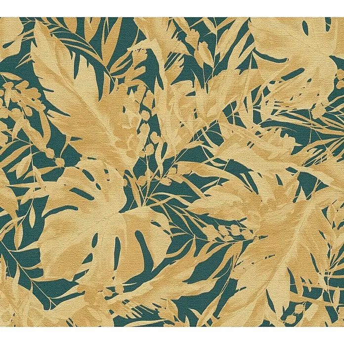 A.S. Création Cosmoliving by Cosmopolitan Vliestapete Blätter - Grün-Gold, Floral, 10,05 x 0,53 m - Elegantes Blätter-Design mit goldenen Blättern auf tiefblauem Hintergrund, das eine luxuriöse und natürliche Atmosphäre schafft.