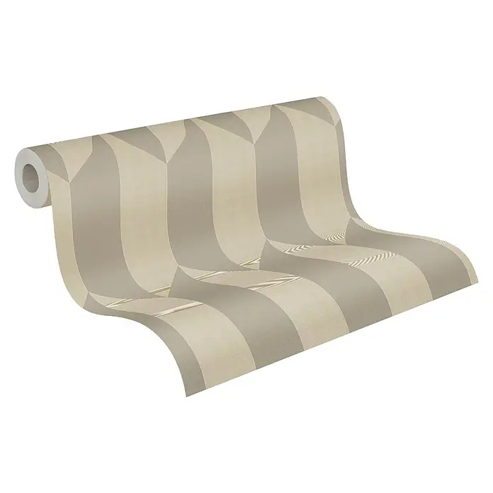 A.S. Création Cosmoliving by Cosmopolitan Vliestapete 3D-Grafik - Silber-Metallic-Braun, Grafisch, 10,05 x 0,53 m - Eine Rolle beiger Tapete mit einem geometrischen Muster aus Bögen und Rechtecken für stilvolle Wandgestaltung.