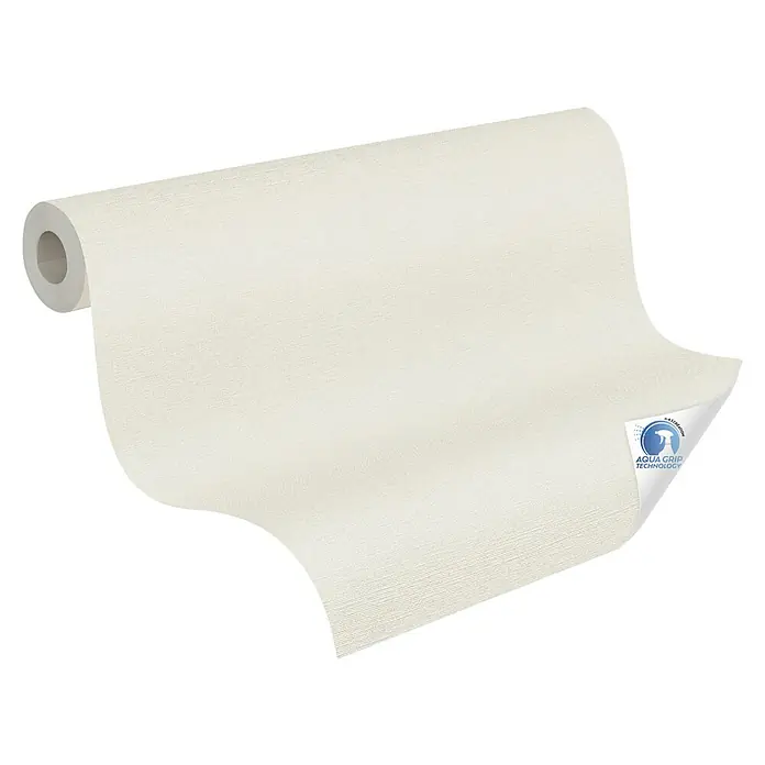 A.S. Création Designdrop Vliestapete - Creme, Uni, 10,05 x 0,53 m - Abbildung einer weißen Tapetenrolle mit "Aqua Grip Technology"-Logo, die eine strukturierte Oberfläche aufweist und für eine einfache Anbringung steht.